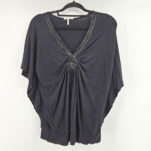 Boho Black Beaded V‎ Neck Dolman Sleeve Tunic Top Size M Whimsyigoth Holiday